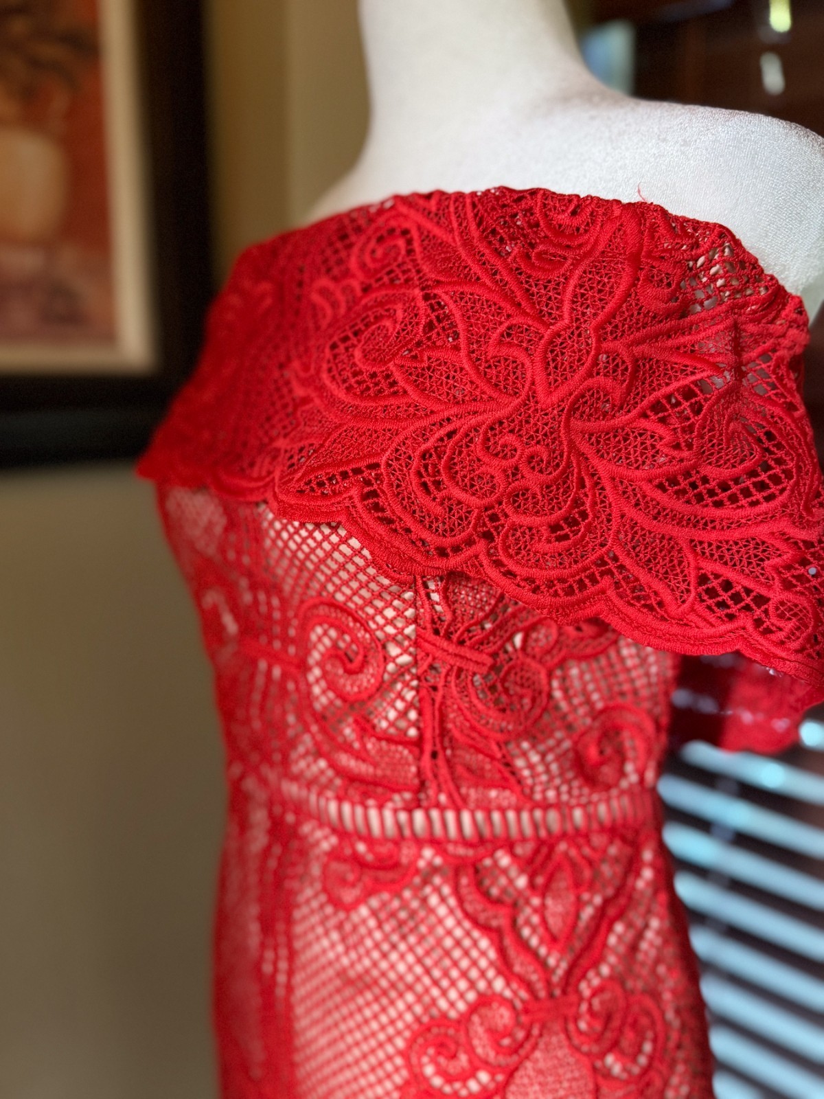 Stylestalker Small Stella Lace Off Shoulder Midi Pencil Dress Red Nude Lace