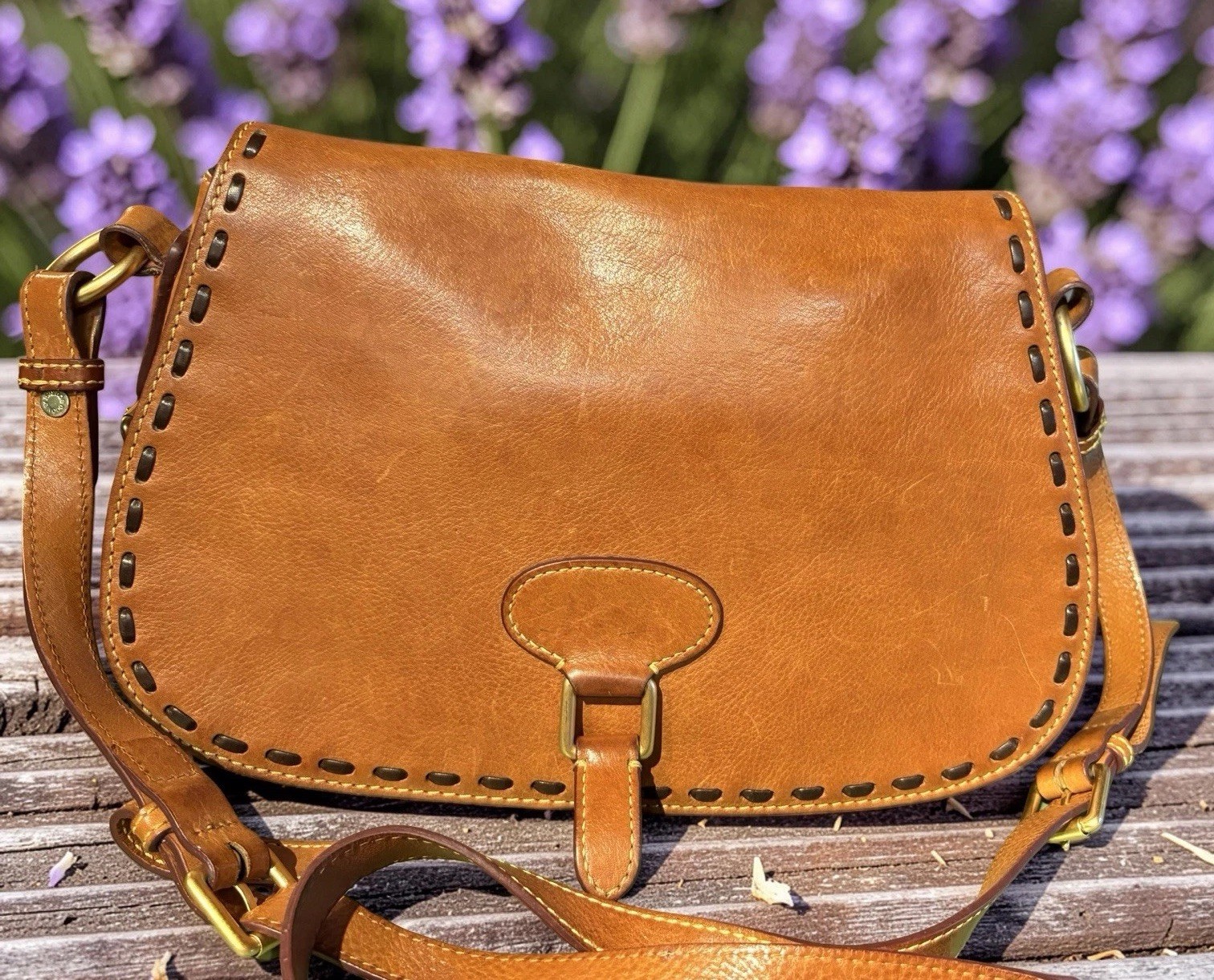 Dooney Bourke Brown Florentine Vacchetta Leather Saddle Messenger Shoulder Bag