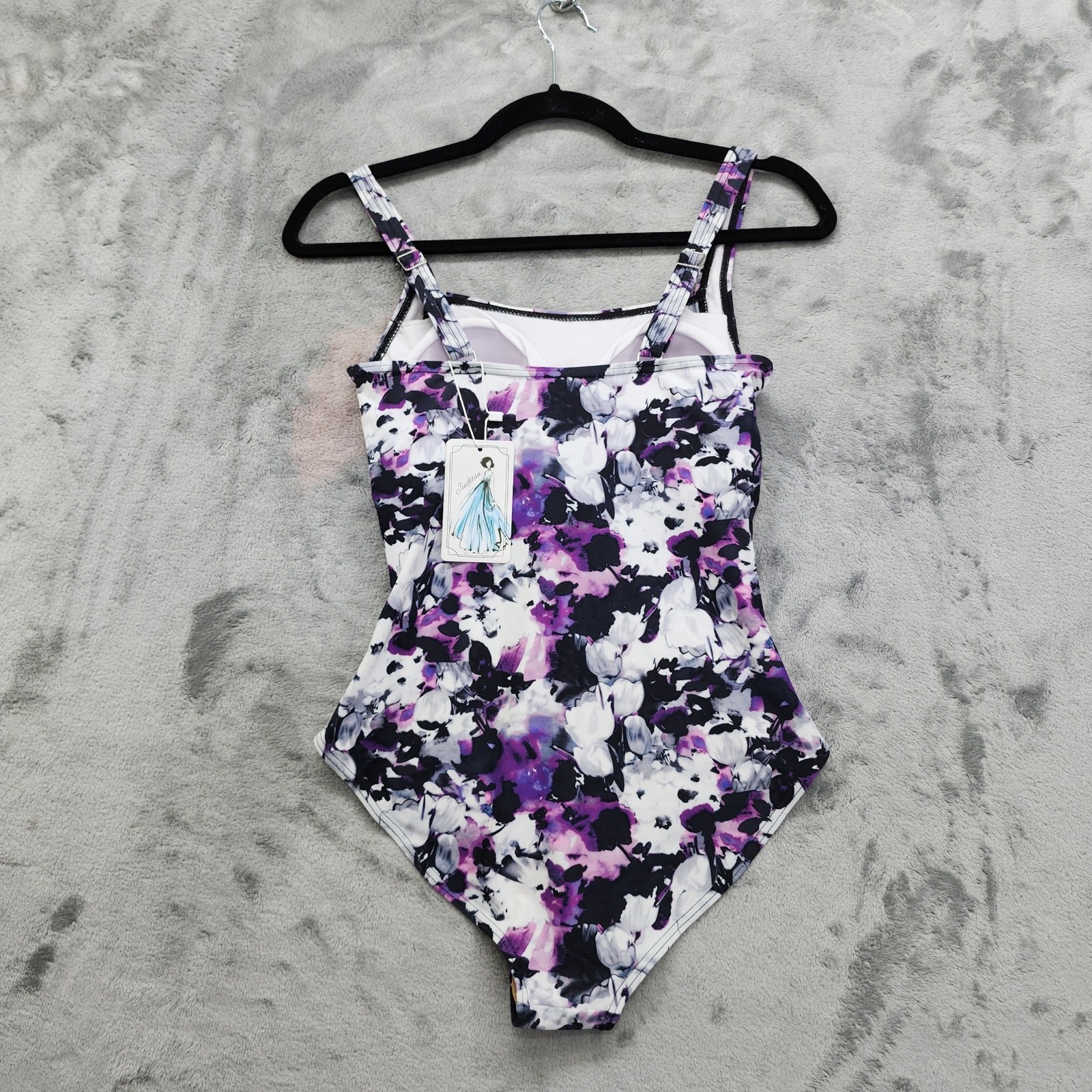 NEW Jusfitsu Swimsuit Size 6 Purple Black Floral Ruched Tummy Control High Cut