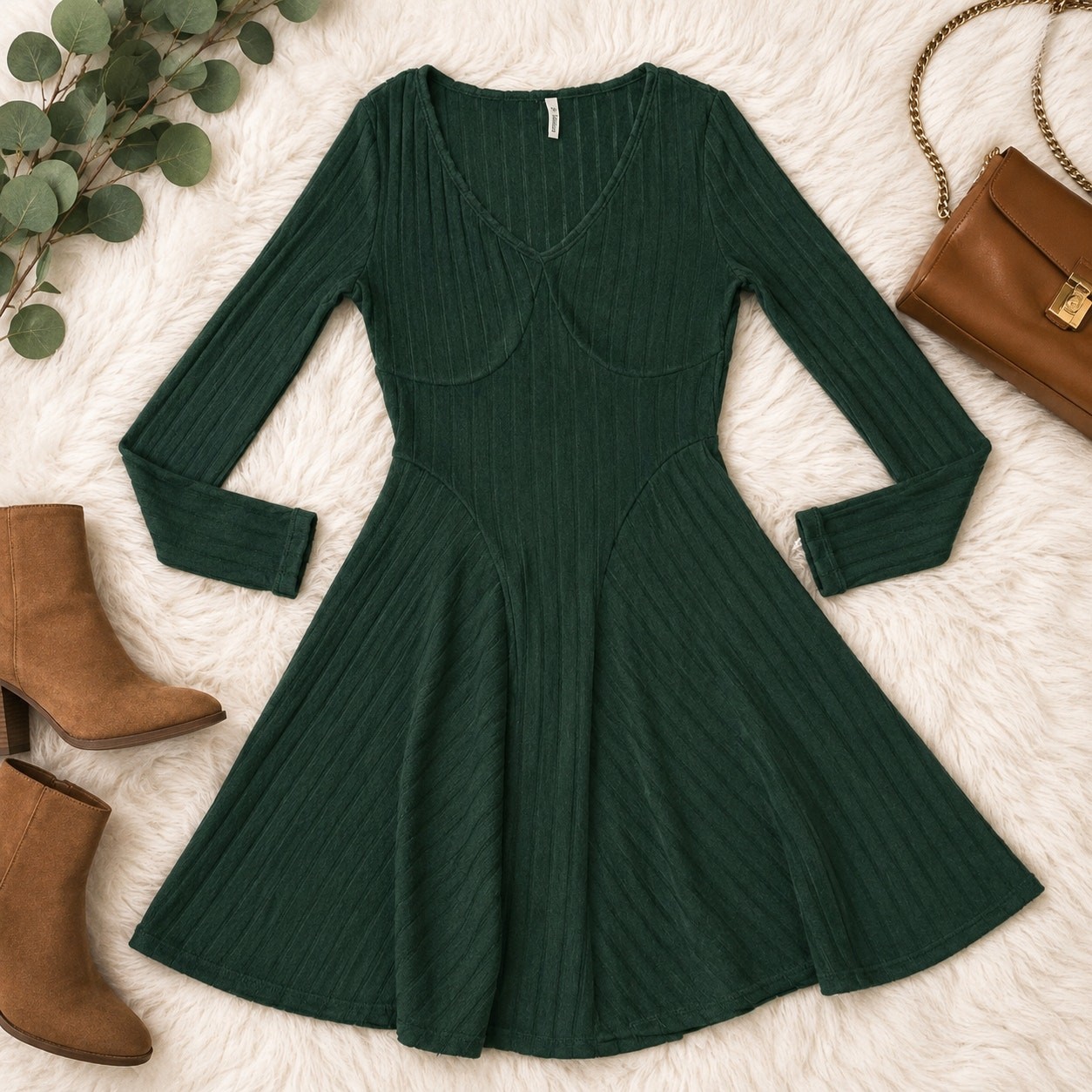 Halara Green Ribbed Fit & Flare Dress – Long Sleeve V-Neck – Size S