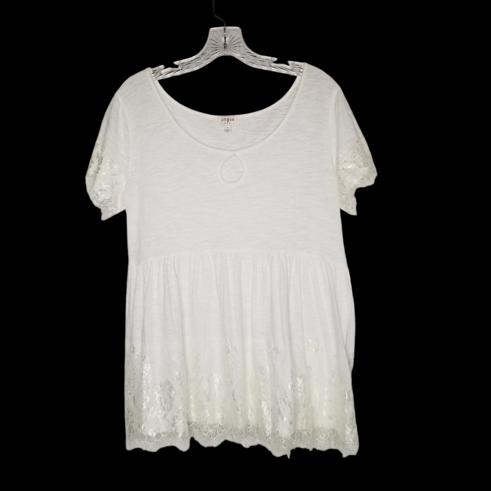 UMGEE White Embroidered Lace Trim Top Babydoll T Shirt Small Fairy Cottagecore