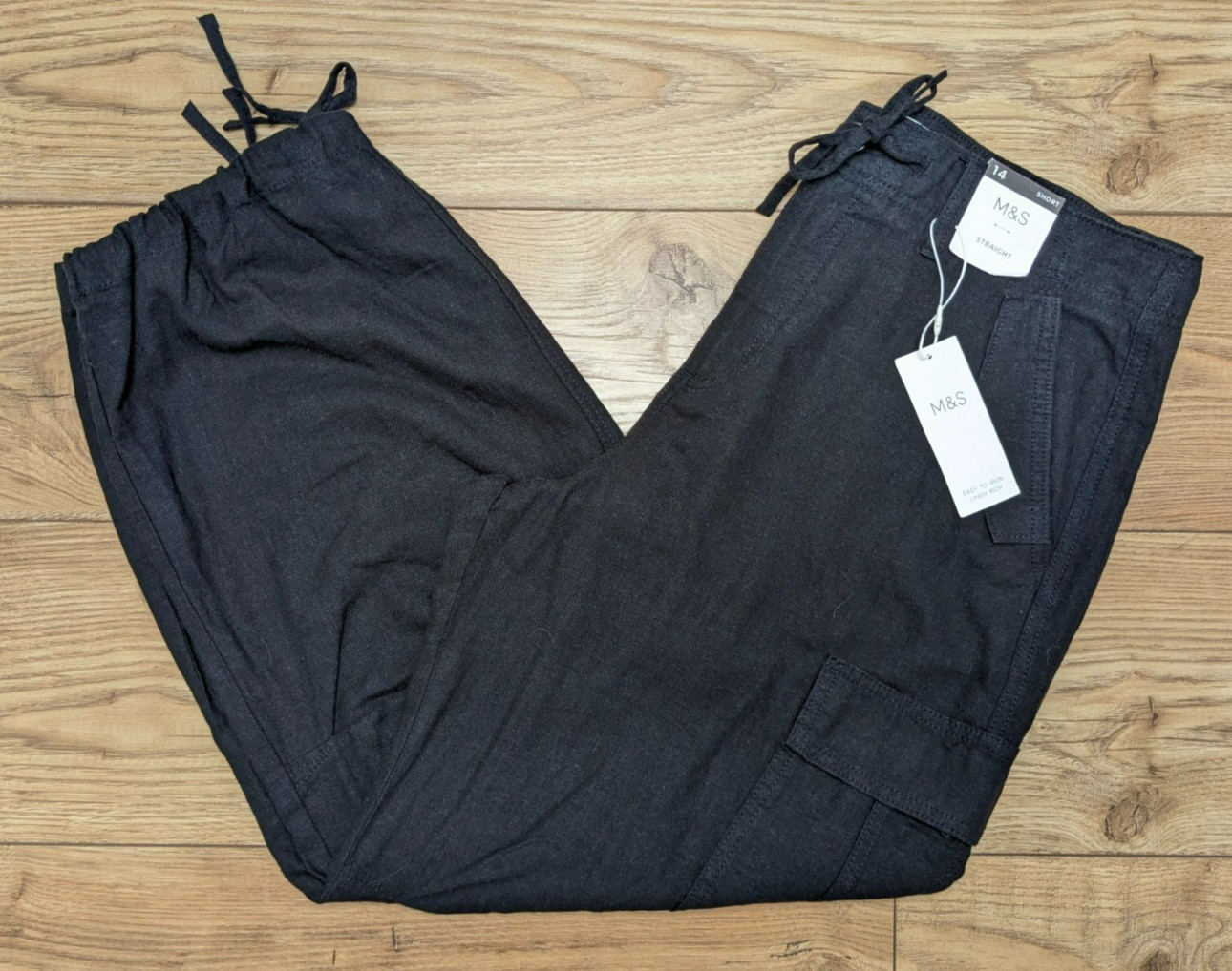 M&S BLACK Linen Rich Straight Leg High Rise Utility CARGO Trousers UK 16 regular