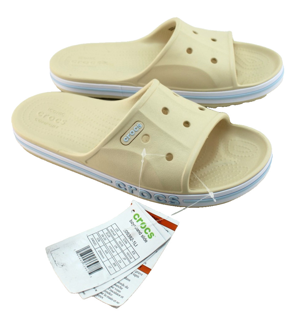 New CROCS Women’s 8 Bayaband Vanilla Cream /Blue Raised Crocs Logo Slide Sandals