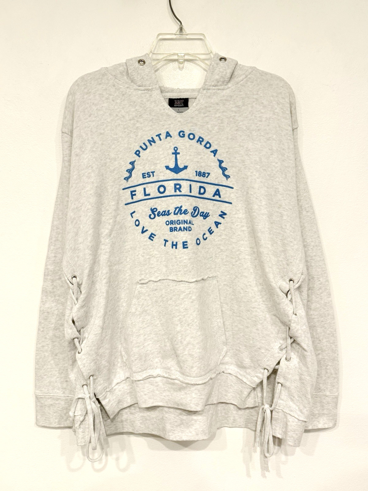 MV Sport Women’s Punta Gorda Hoodie Size Large Lace Up Sides Fleece Sweatshirt