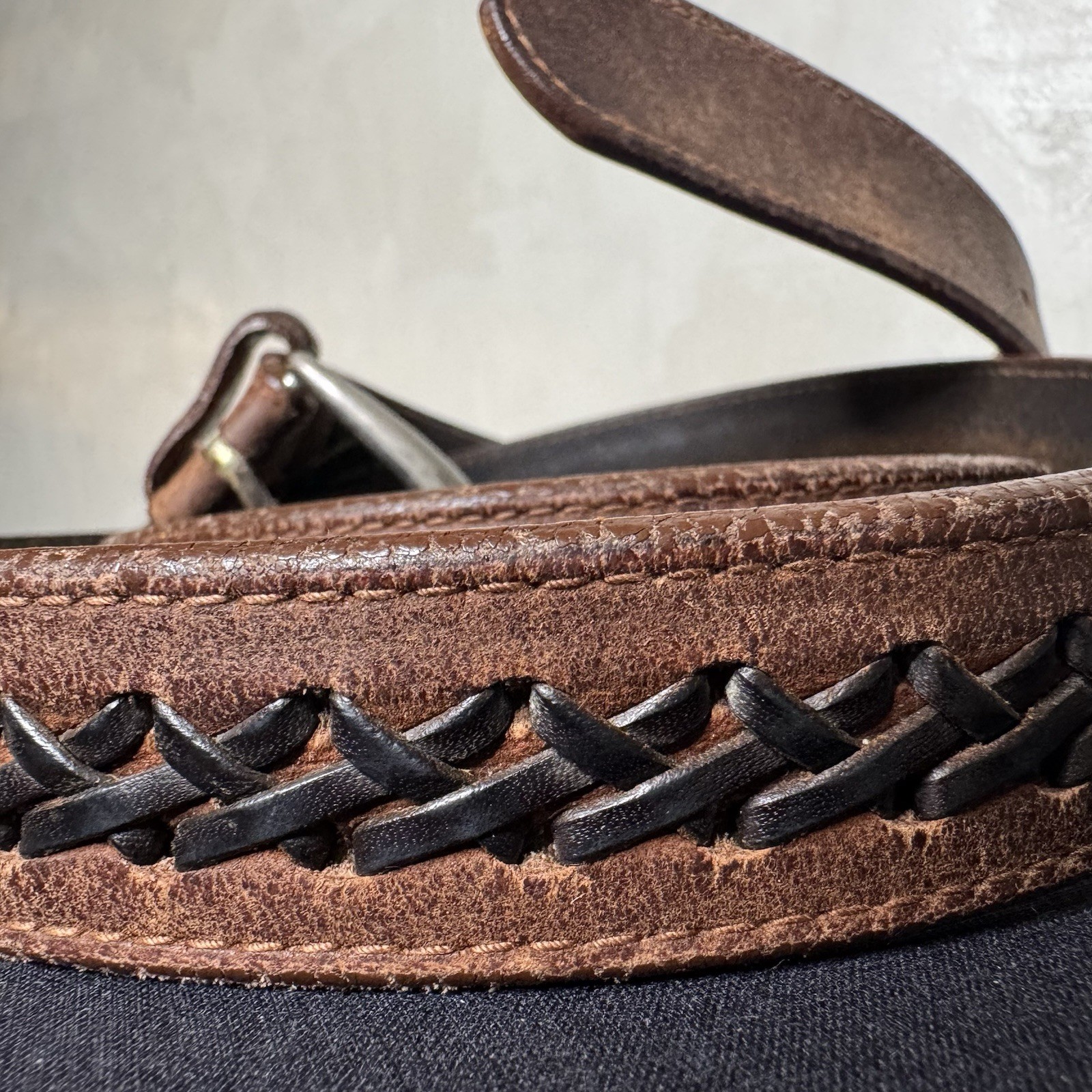 Vtg Cole Haan Braided Leather Belt Men’s 46 Made in USA Brown Woven Brass 1”