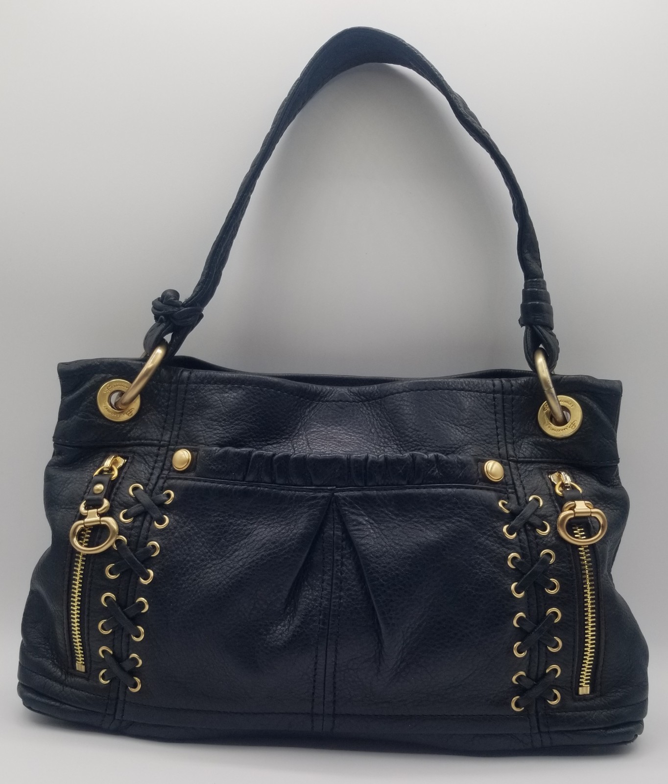 B Makowsky Black Pebble Leather Hobo Bag Gold Hardware Corset Lace Up, Side Zips