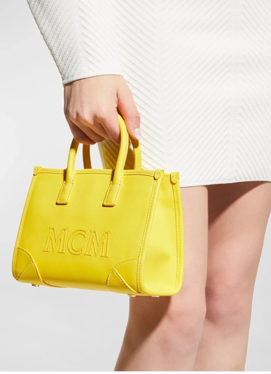 MCM X1602 Womens Vibrant Yellow Mini Leather Tote 8×3.5×6.25 in