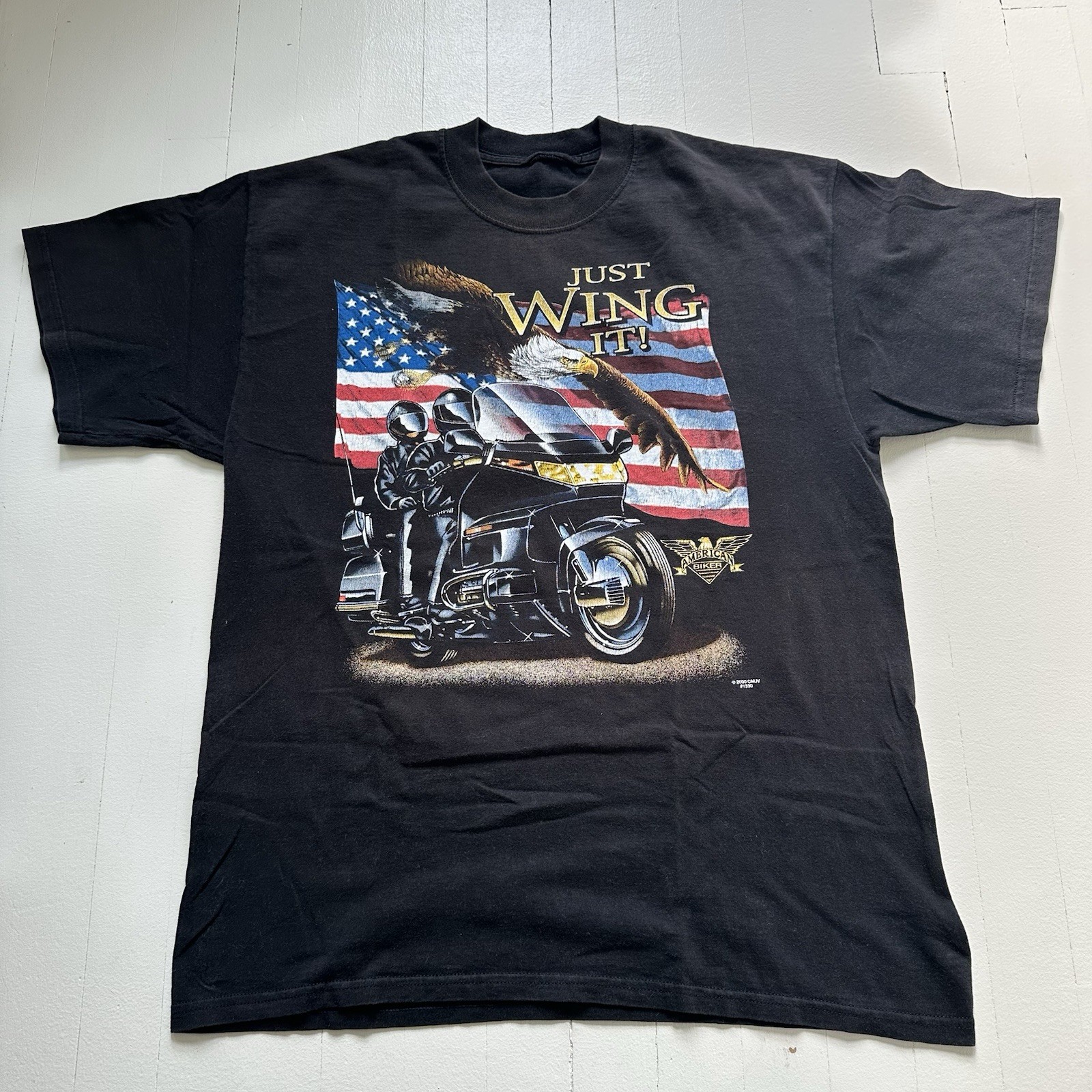 American Biker “Just Wing It” Motorcycle Rider 2-Up Touring Black T-Shirt Size M