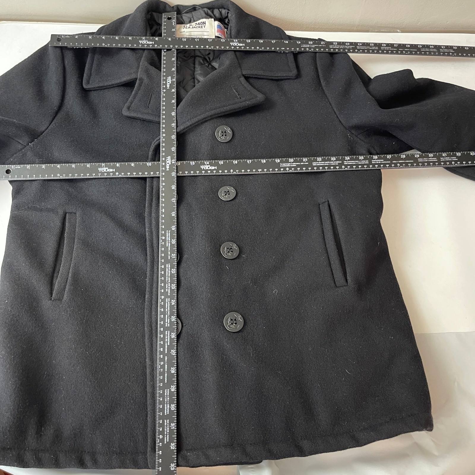 Schott Peacoat Mens 48 Black Wool Navy Made in USA Nautical Double Breasted