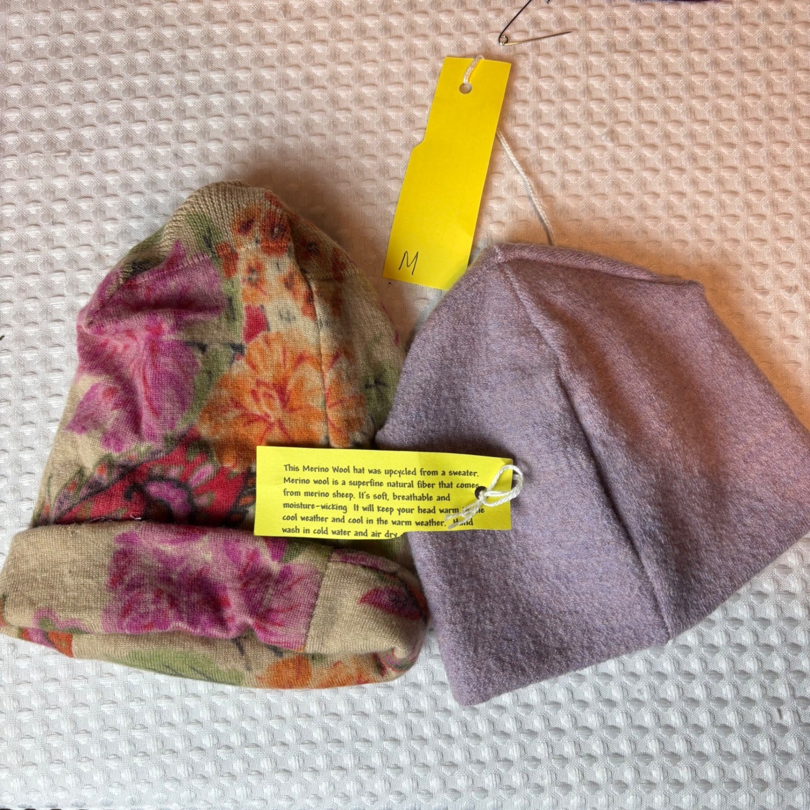 Upcycled Merino Wool Beanie Hat 2 Pack Floral Print Solid Lavender | Medium