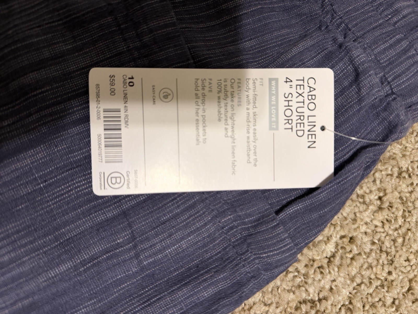 Athleta Linen Textured 4″ Shorts 10 Blue Drawstring Pockets Stripe