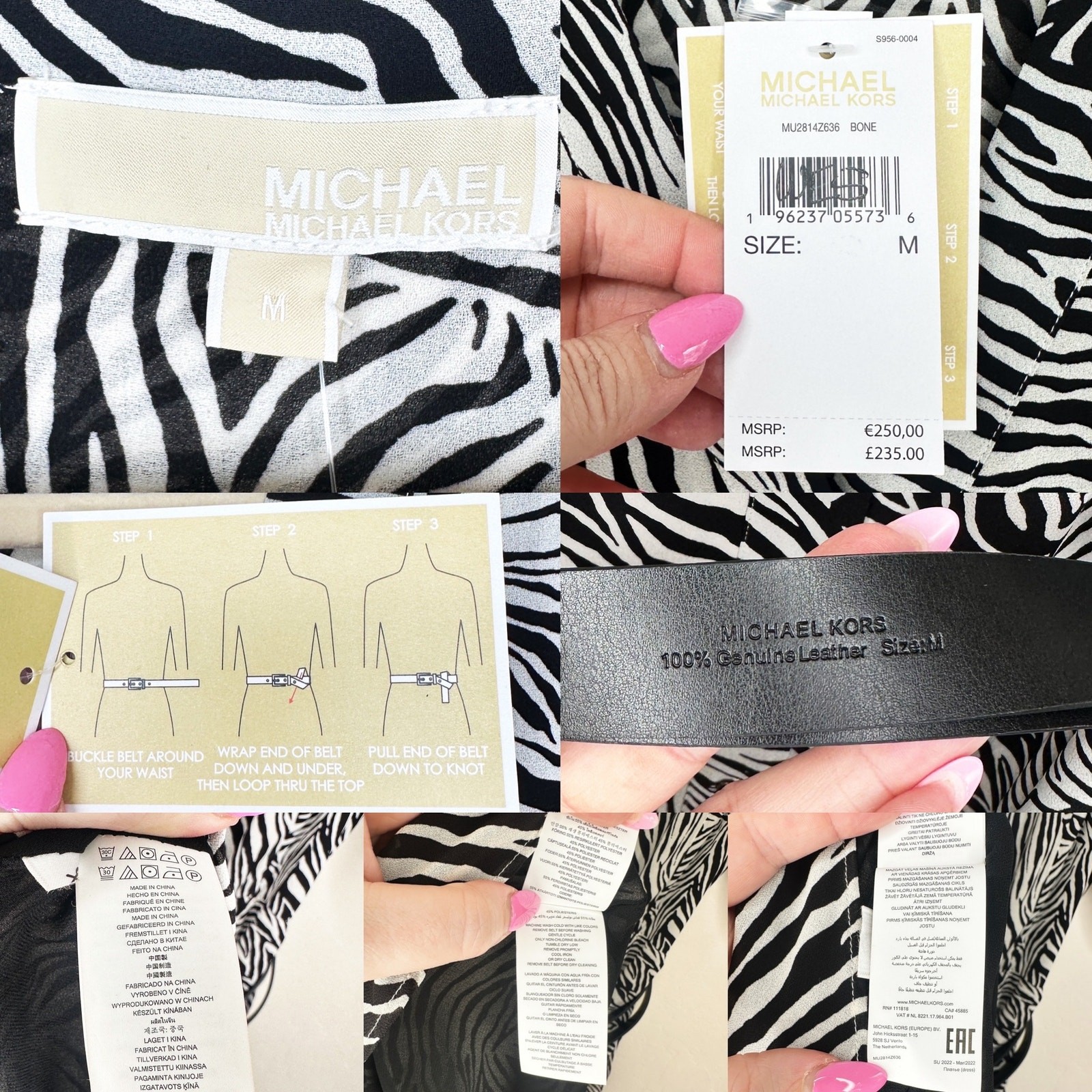NWT Michael Kors Zebra Print Georgette Belted Puff Sleeve Midi Shirt Dress Med