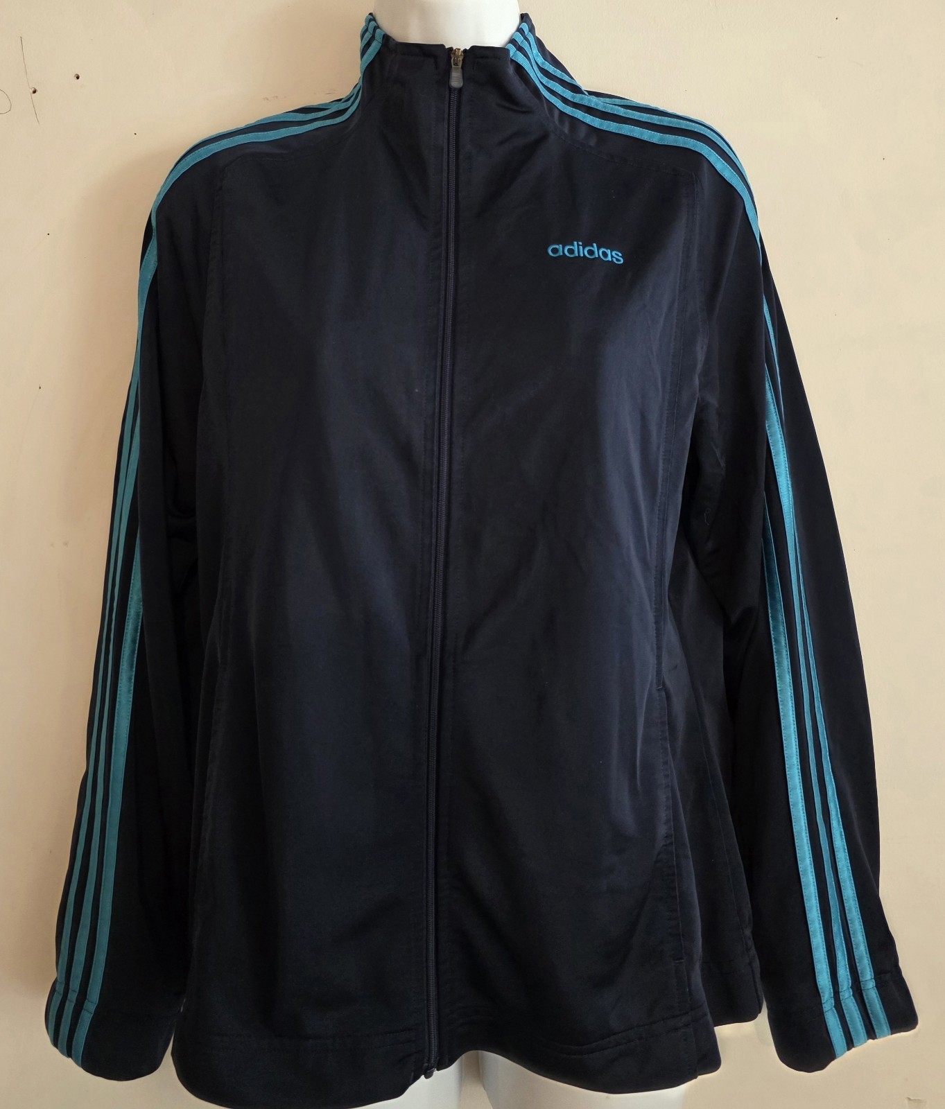 Adidas Size M Blue Marine/Blue 3 Stripe Sleeve Tricot Track Sweater Athletic