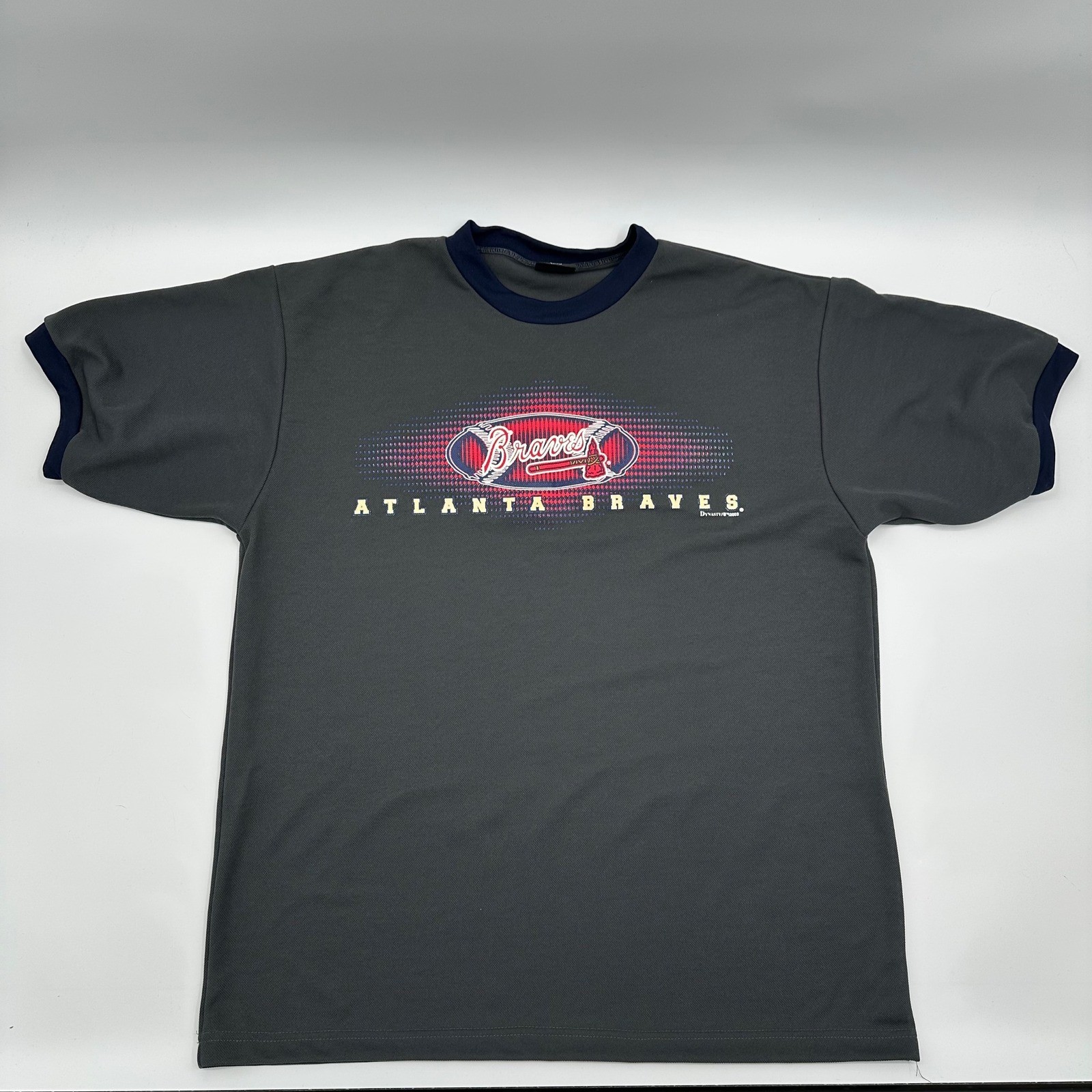 Vintage 2002 Atlanta Braves Dynasty Sample Ringer T-Shirt Grey Navy Mens XL Y2K