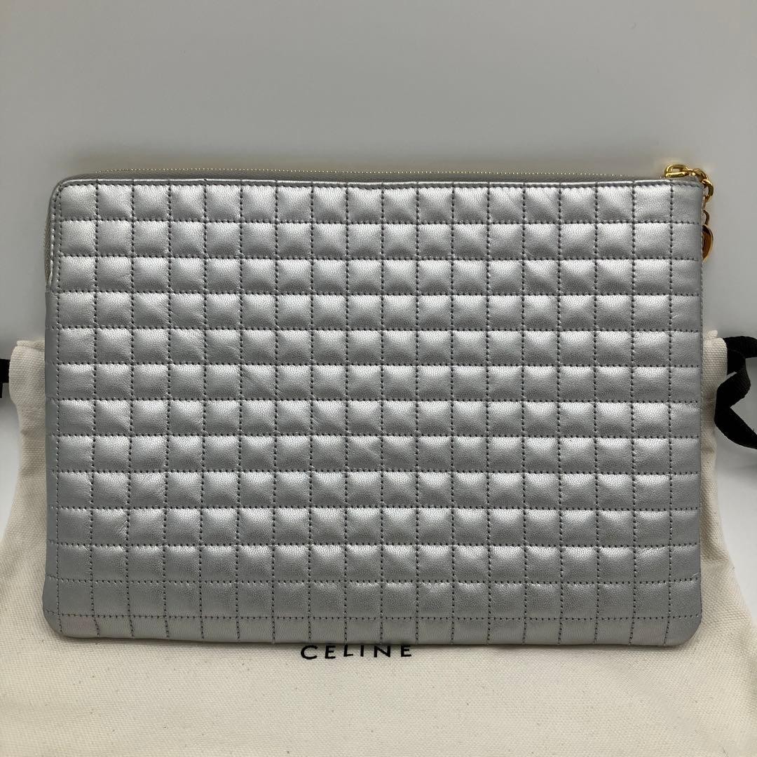 CELINE Quilted Leather Clutch Bag Silver C Charm Unused Ladies Fashion