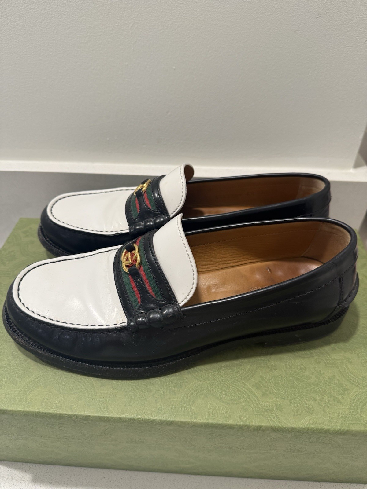 Gucci Mens Leather Loafers Black White Web Stripe Slip On Shoes Size 6.5