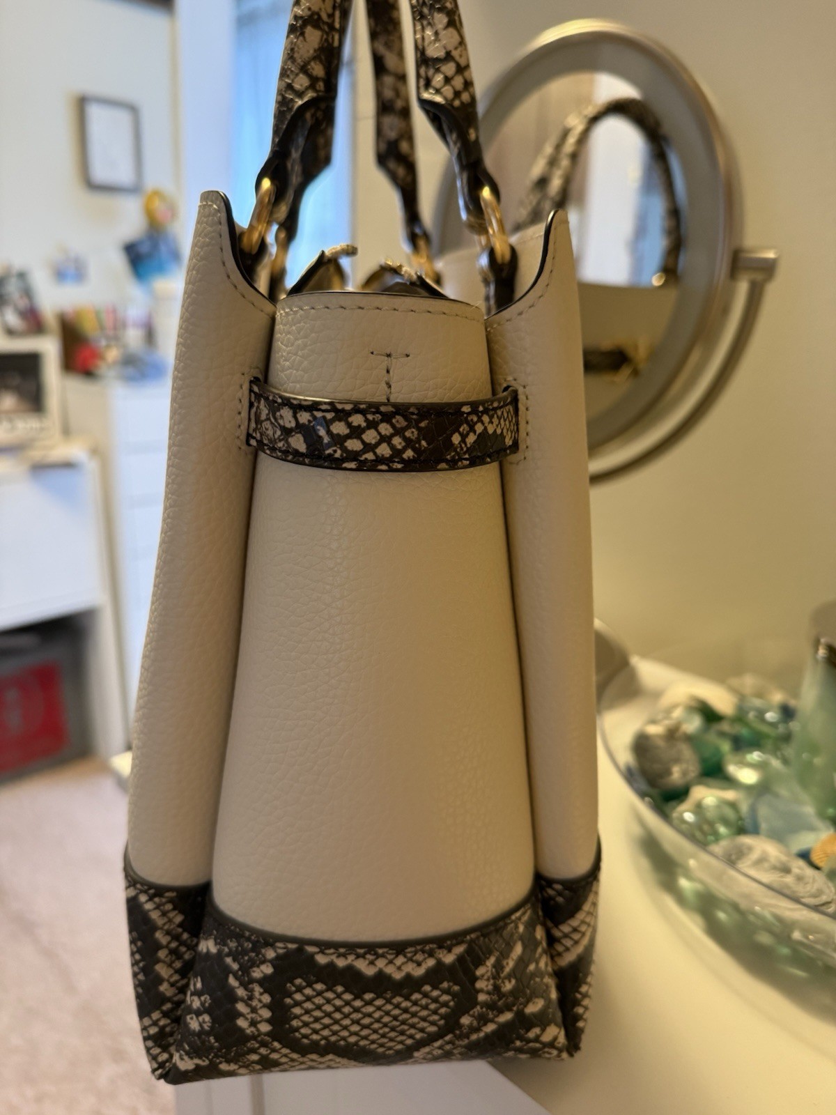 Michael Kors Cream Satchel Snake Print Trim Gold Hardware Zip Detachable Strap