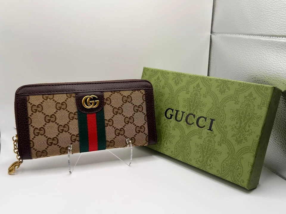 Gucci Ophidia GG Zip‑Around Wallet｜Web Stripe Canvas Leather Women Purse
