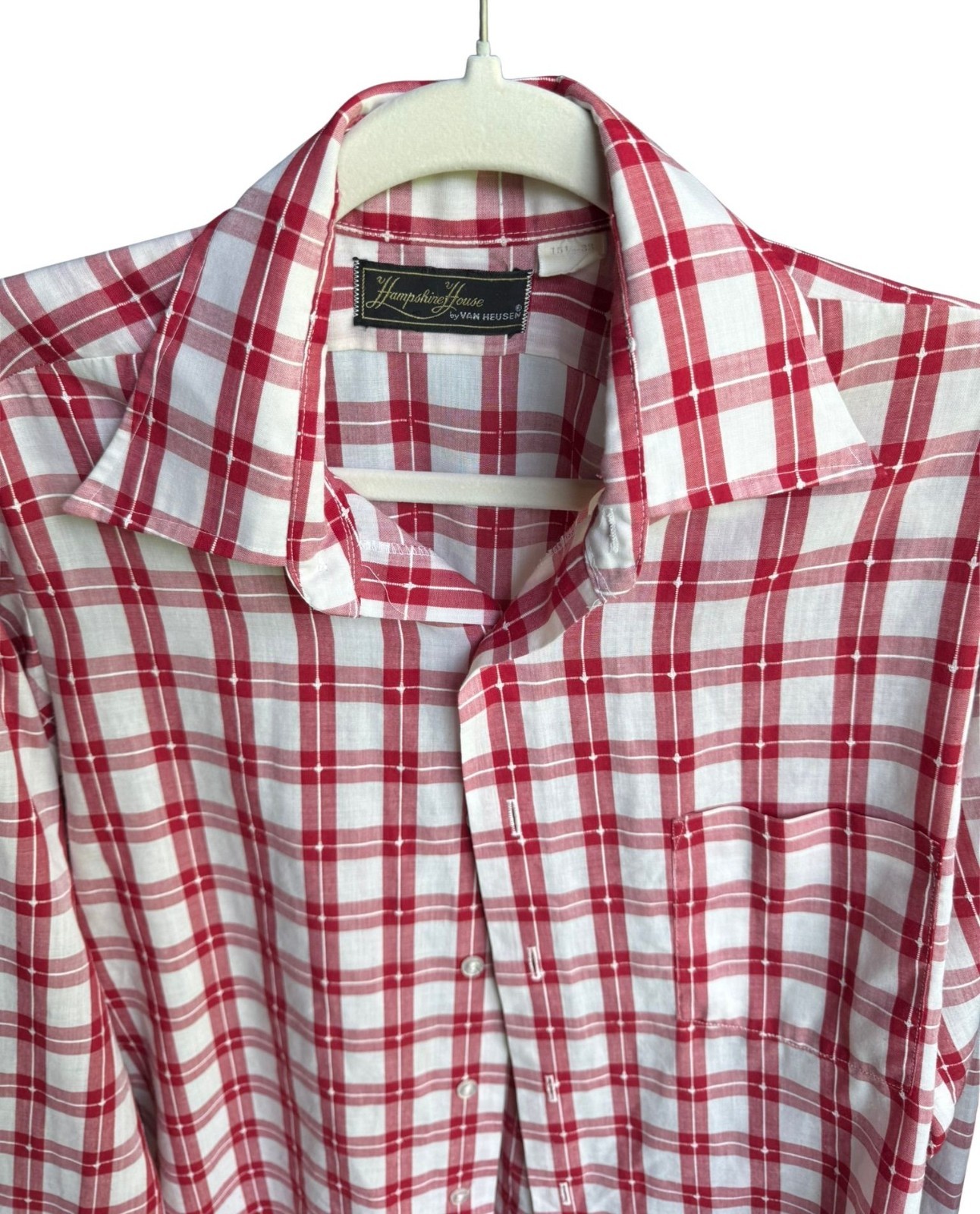 Vintage Humphrey House Van Heusen Plaid Button Up Shirt Red White Preppy 15.5×32