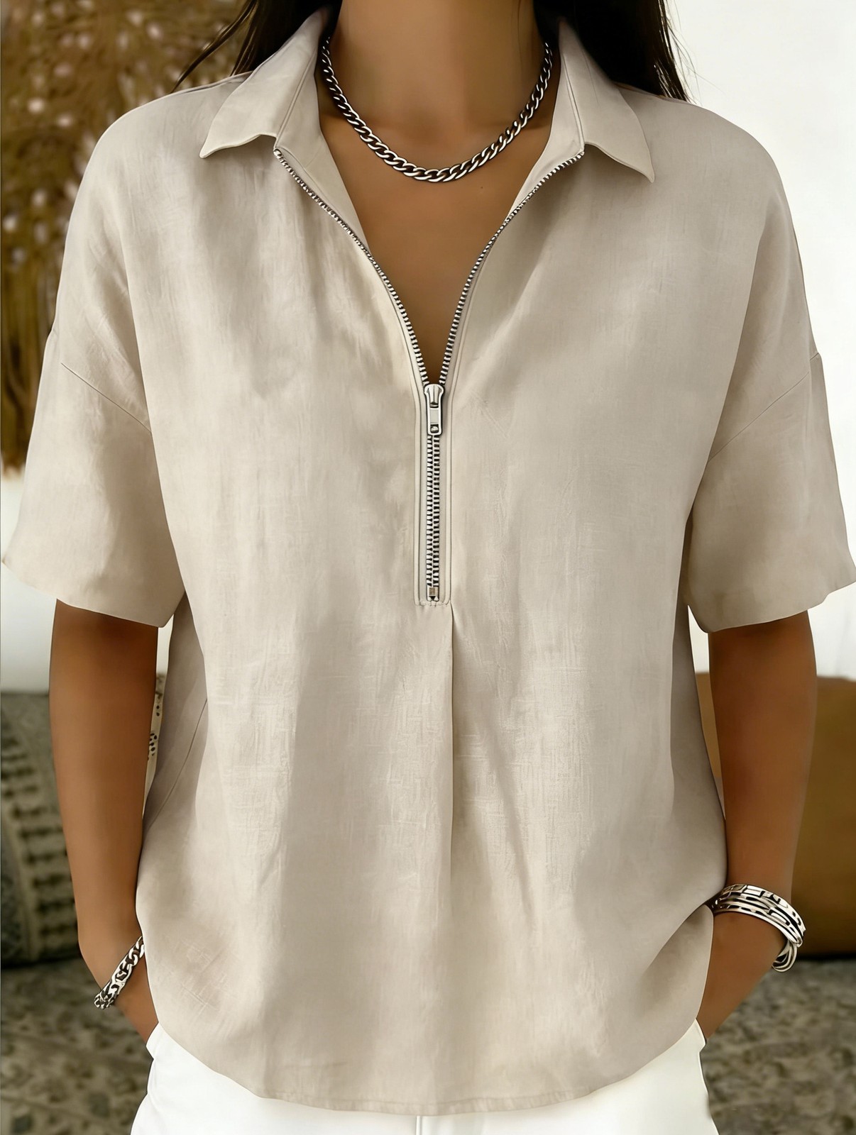 NEW Womens Fashion Solid-color Zip-up Short-sleeve T-shirt Sizes S-3XL