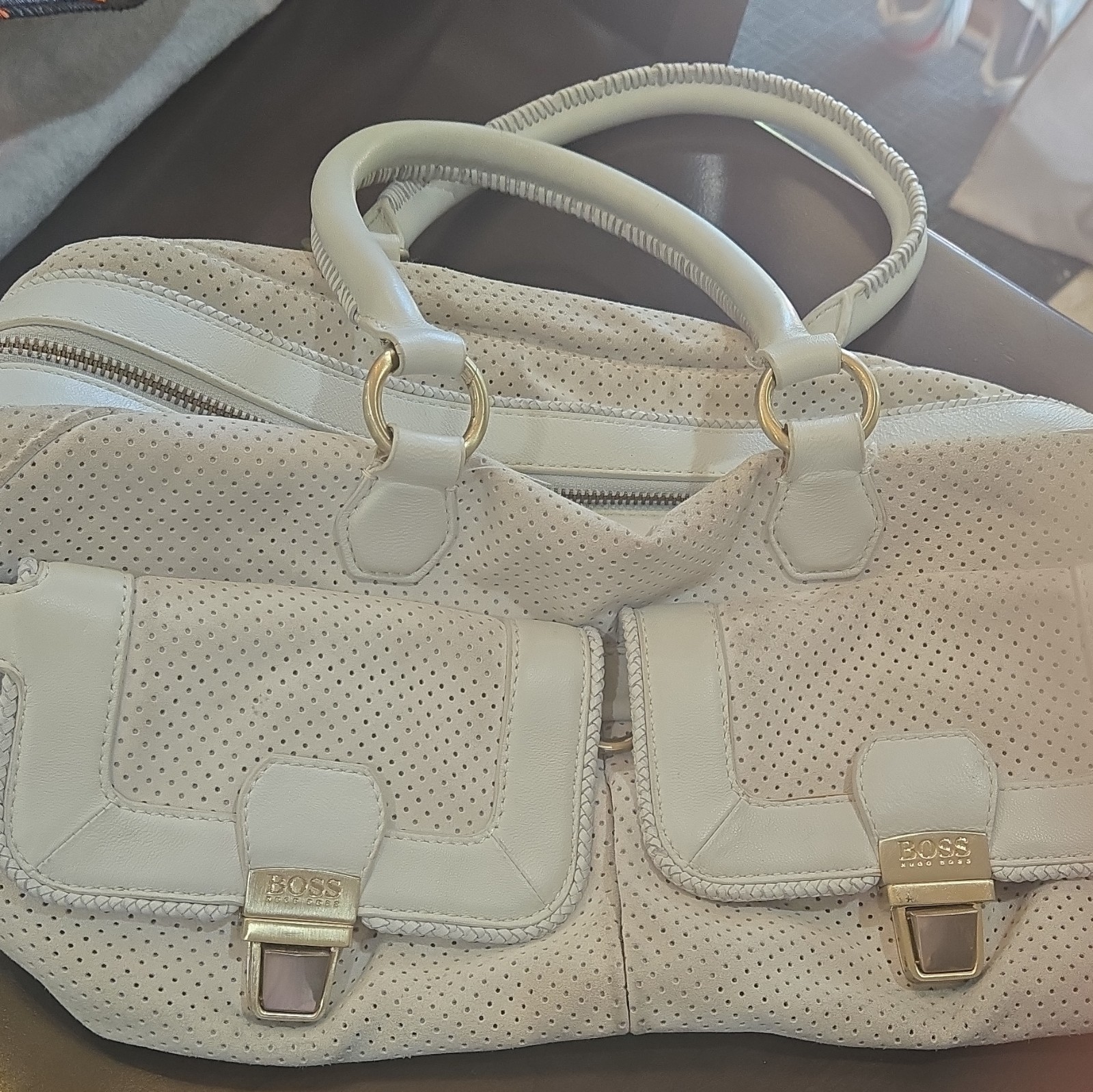 BOSS White Perforated Satchel Top Handle Gold Hardware Zip Push Lock Pockets