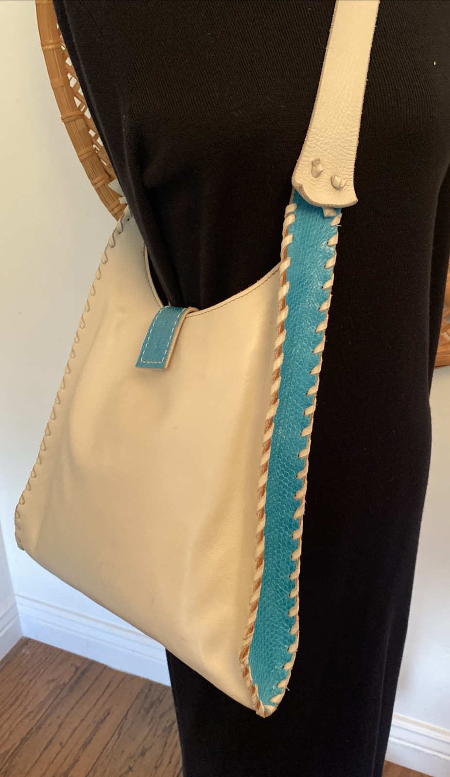 Divine Tribe by Chad Ypon Leather Shoulder Messenger Bag Beige/Turquoise RARE