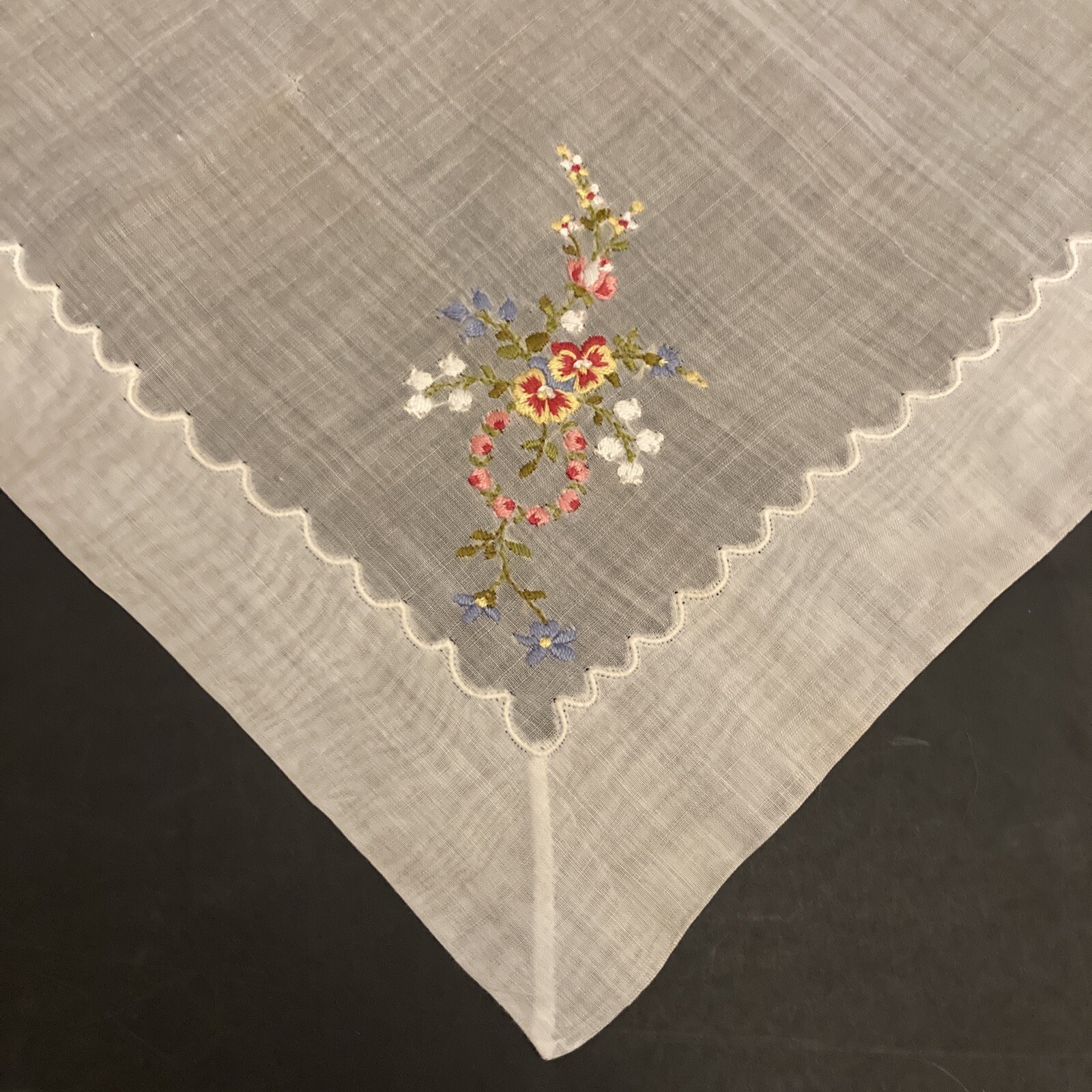 VINTAGE HANKY Handkerchief EMBROIDERY Flowers 12.5” X 12.5”