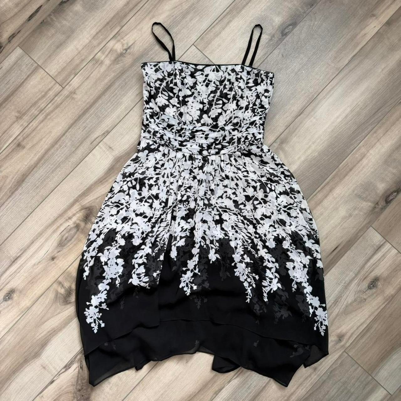 Black & white floral print mini dress with adjustable removable straps