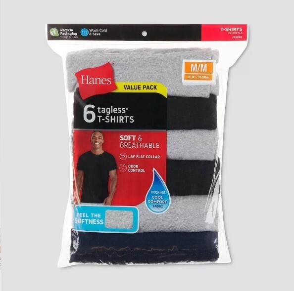 Men’s Tagless Crew-neck T-shirts, Small 34-36, 4pk, Hanes Red Label, Assorted