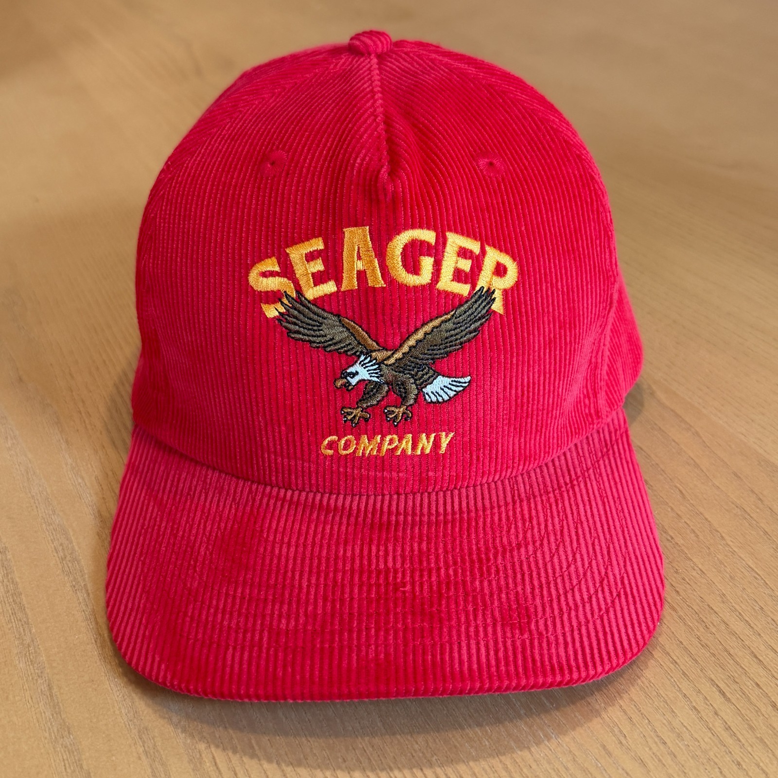 Seager Bradley Corduroy Hat Cap Red Eagle Embroidered Outdoor Snap Back NWOT