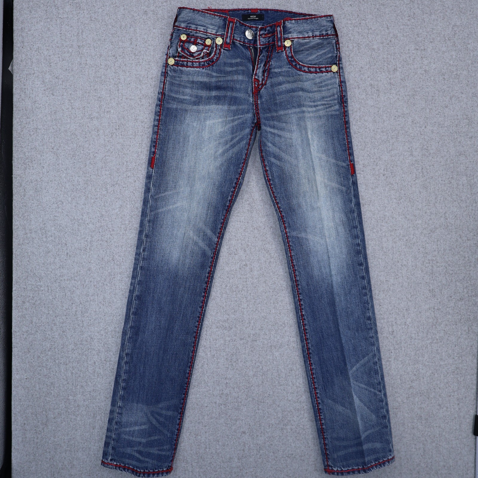 True Religion Ricky Relaxed Straight Jeans Size 28 with Red Stitching
