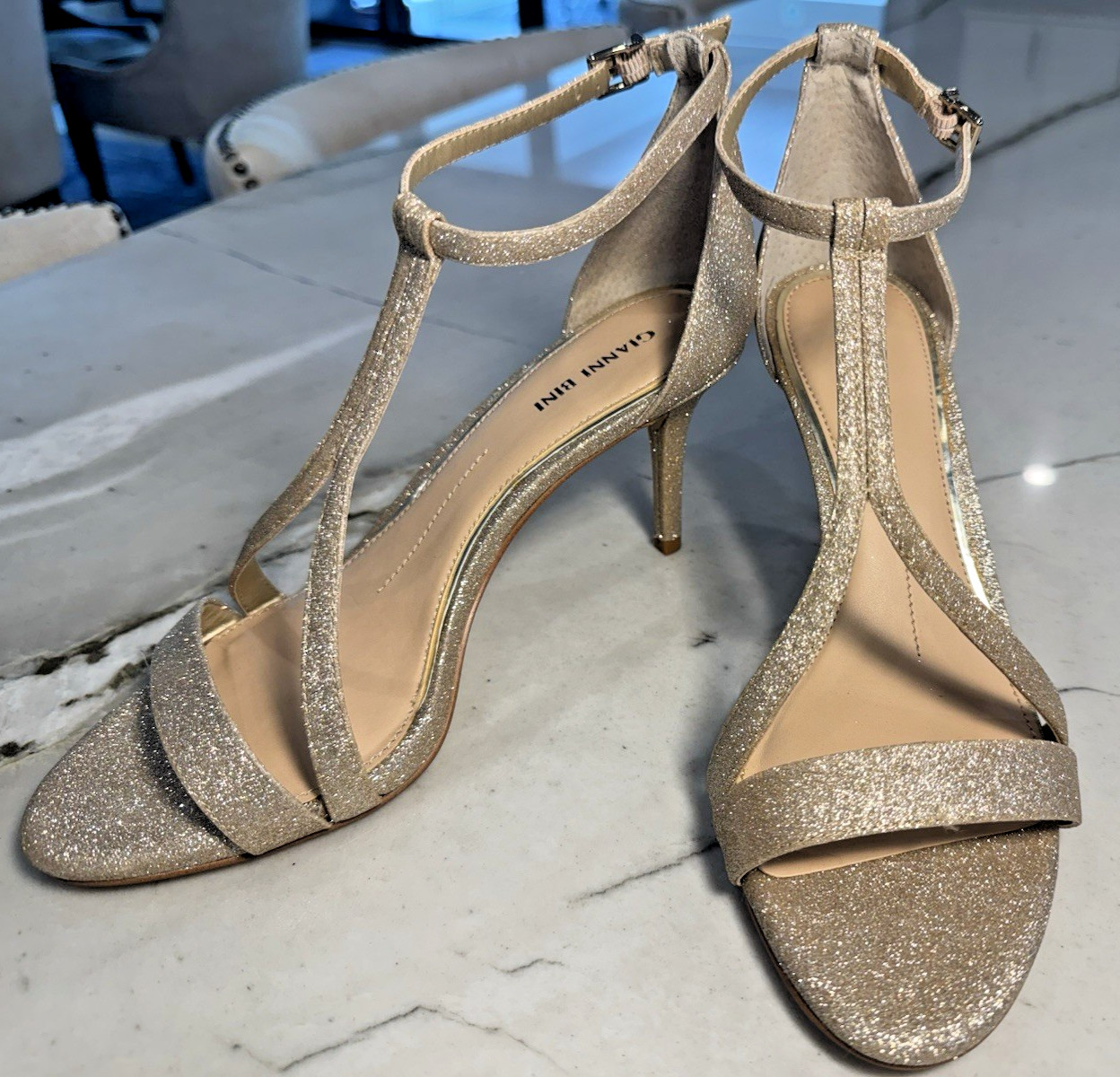 Gianni Bini Shaylinn sand gold t-strap strappy heels glitter sparkle shiny 9.5
