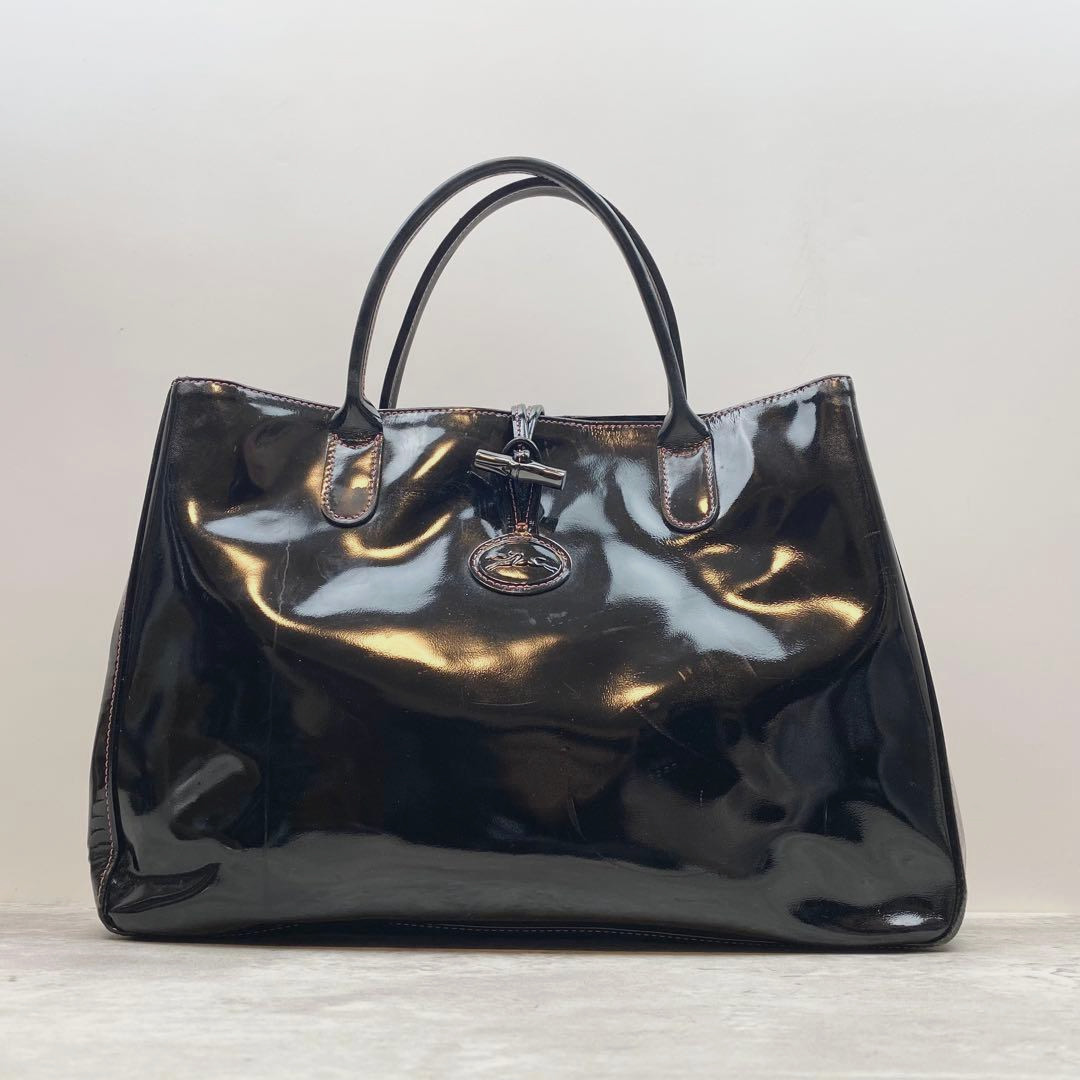 Longchamp Roseau Tote Bag Black Patent Leather A4 Documents Work 13.7in Auth
