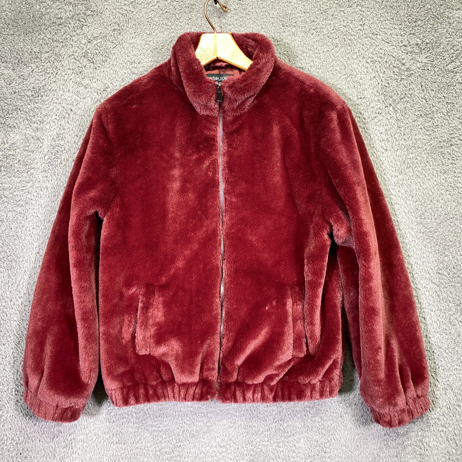 Cynthia Rowley Jacket Bomber M Faux Fur Burgundy Mob Wife Glam Aesthetic