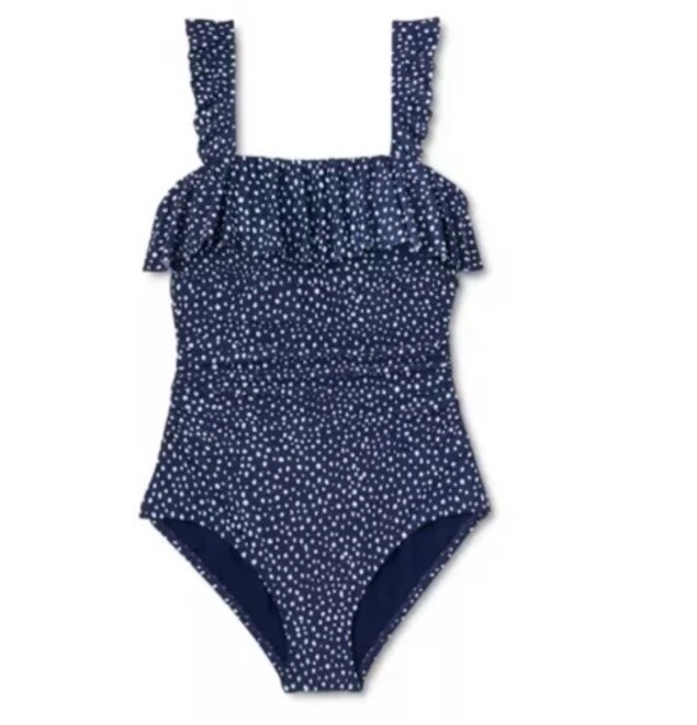 Women’s Kona Sol Ruffled One-piece Swimsuit Blue Polka Dot L Retail $40