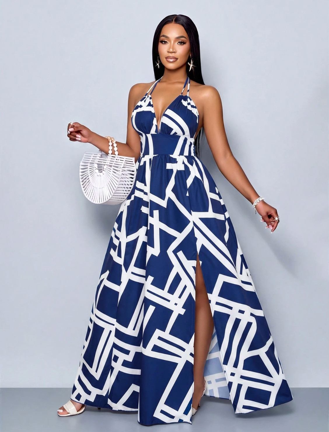 Women’s Blue and White Halter Backless Beaded Maxi Dress S/M/L