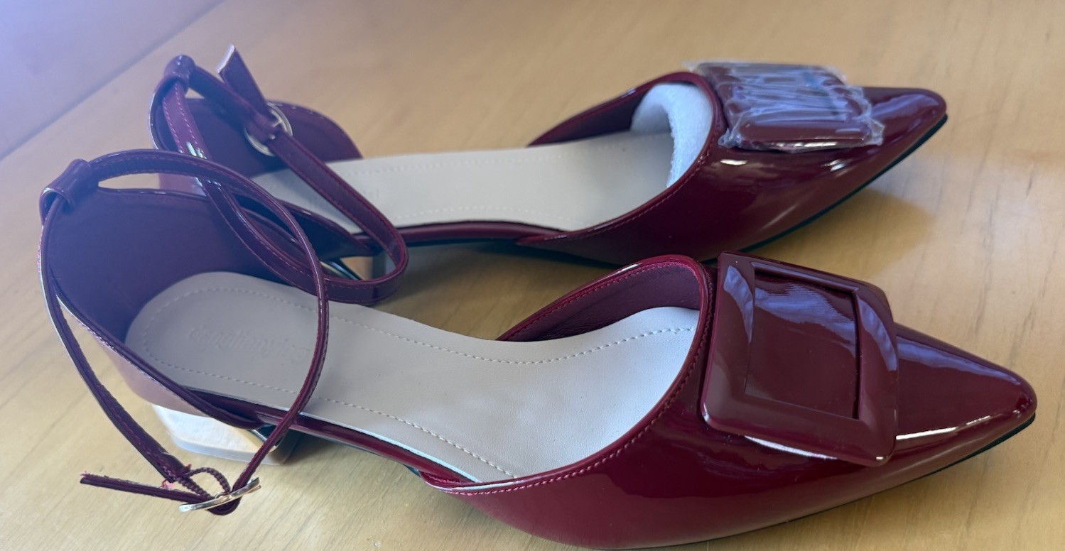 Burgundy Patent Leather Solid Pointed Toe Strappy Buckle Heels US 11