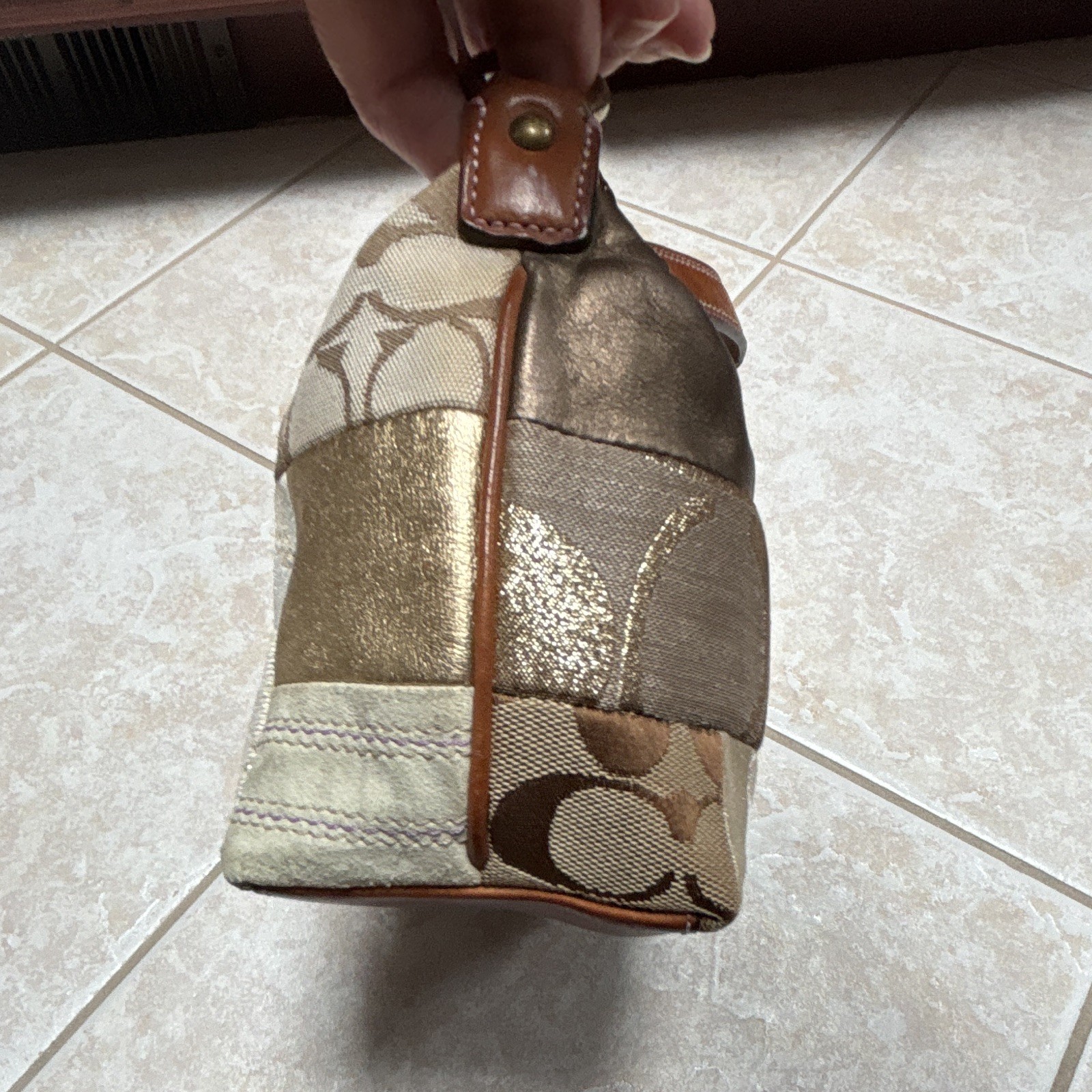 Vintage Coach Patchwork Logo Shoulder Bag Gold Brown Beige Purple Small Designer