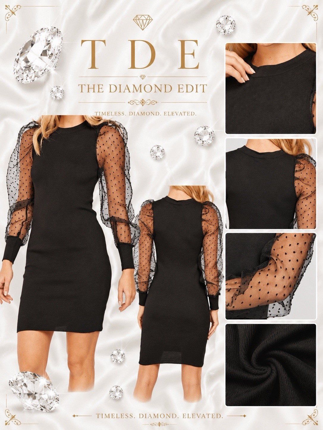 BNWOT Black Bodycon Dress Size 8/10 Sheer Organza Polka Dot Puff Sleeve