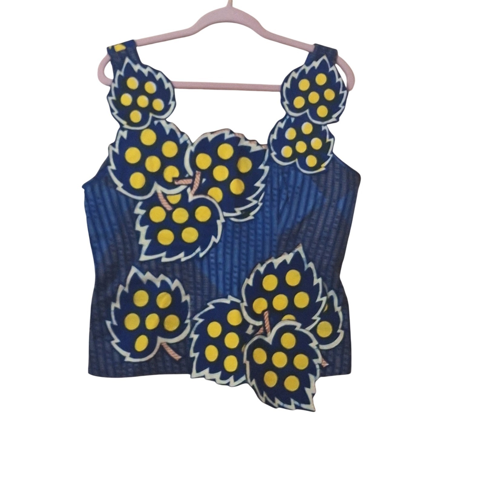 Unique Handmade Blue Leaf Print Crop Top Women’s FestivalSleeveless Artsy
