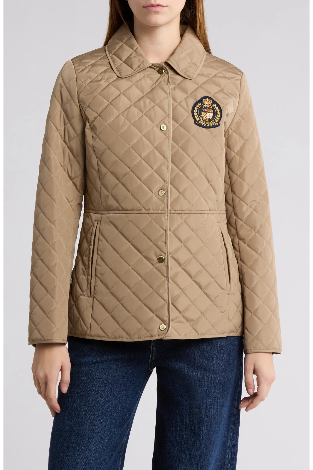 Lauren Ralph Lauren Crest Patch Quilted Jacket Birch Tan Beige Sz M wmns NWT