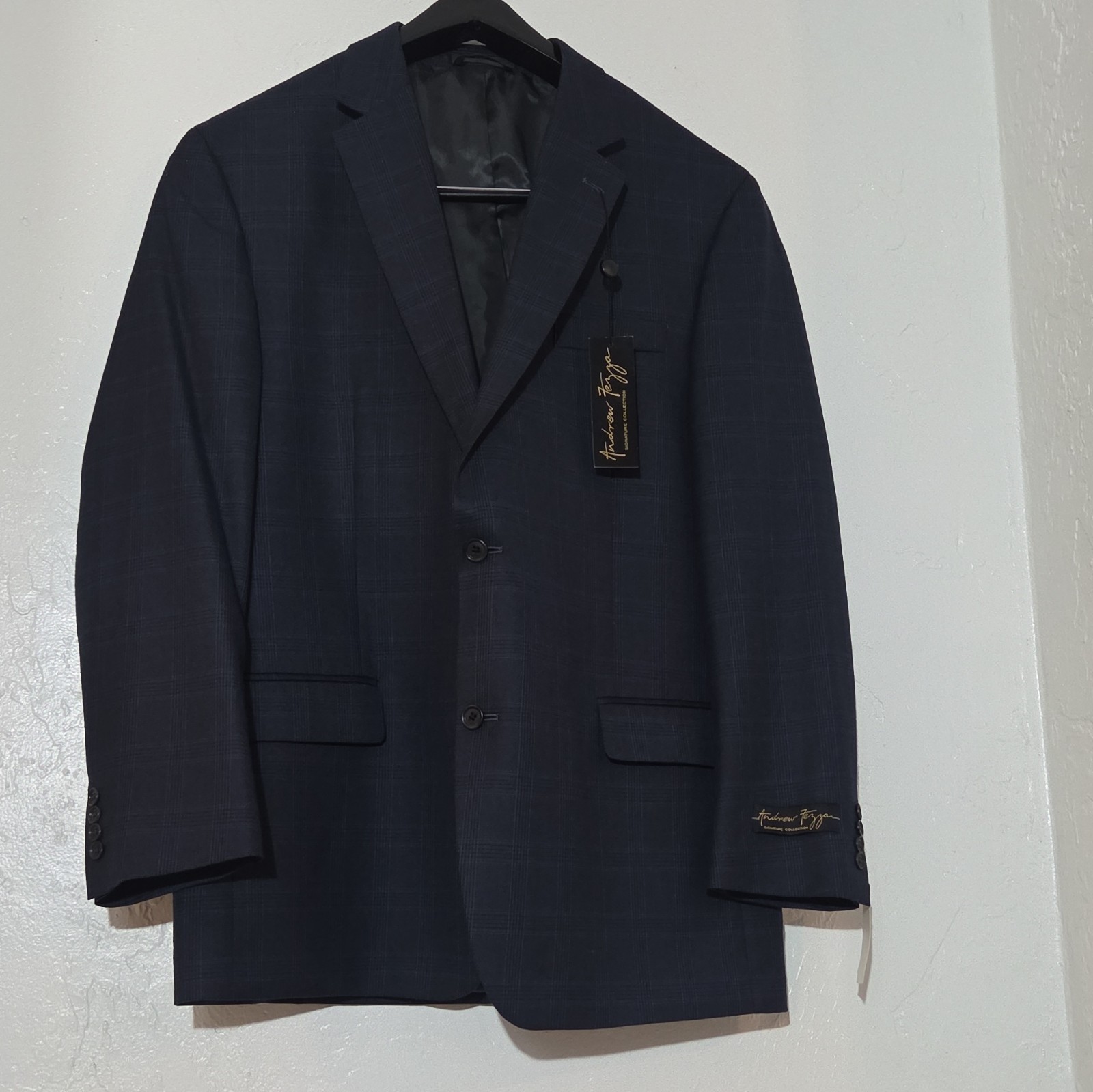 Andrew Fezza Signature Colection Charcoal Plaid Suit Jacket 46L 2-Button