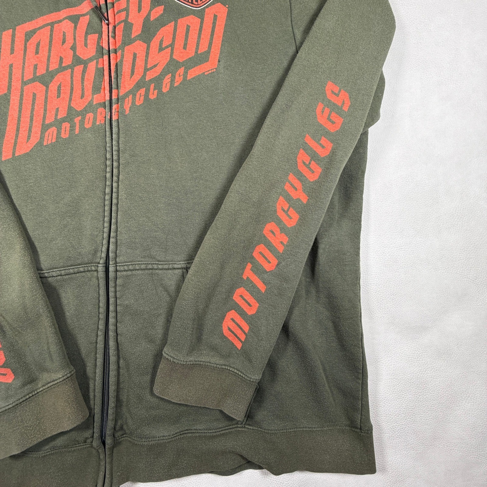 Harley-Davidson Mens Zip Up Hoodie Olive Green Orange Graphic Biker Large XL