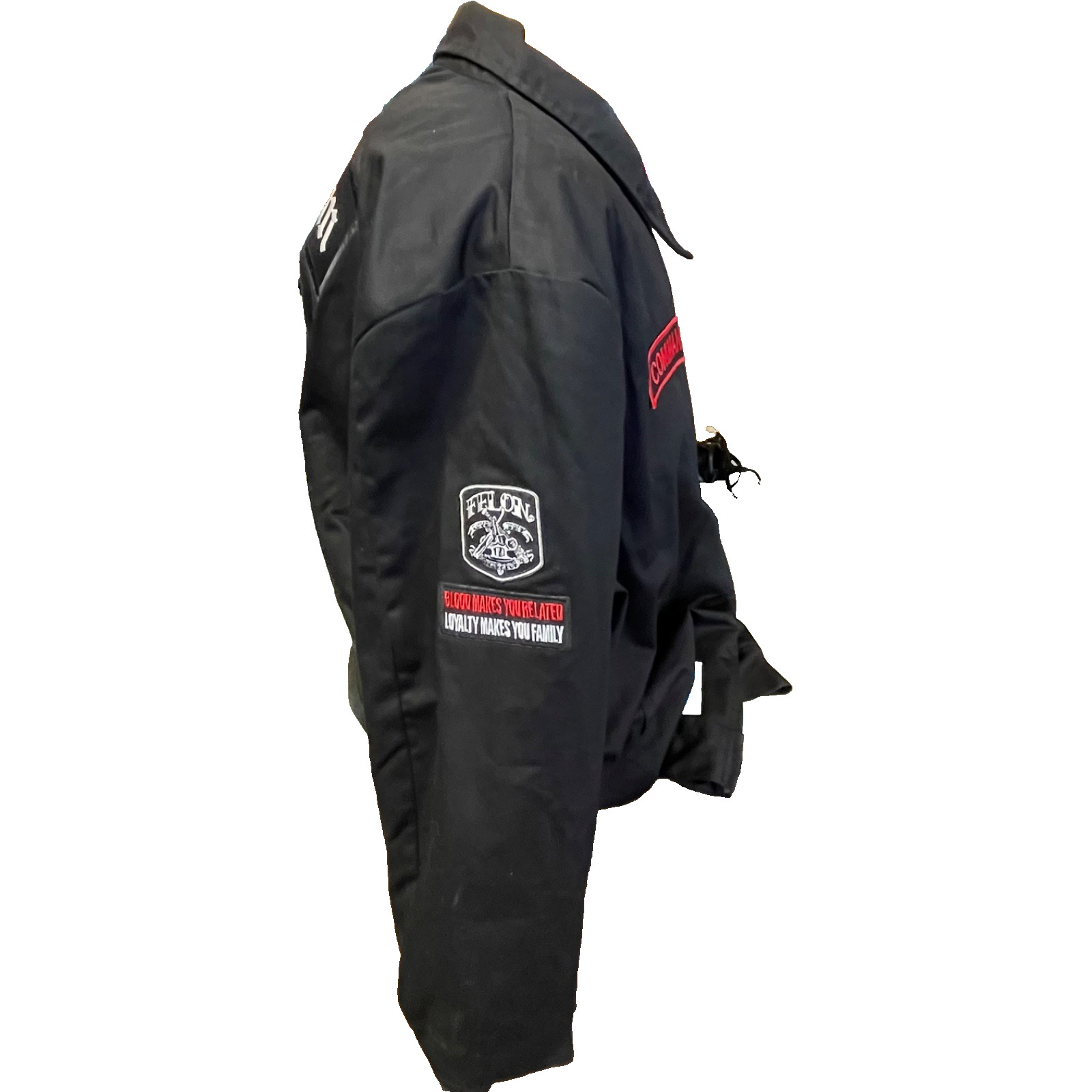 black Dickies work jacket featuring custom red embroidered patches Size 3XL