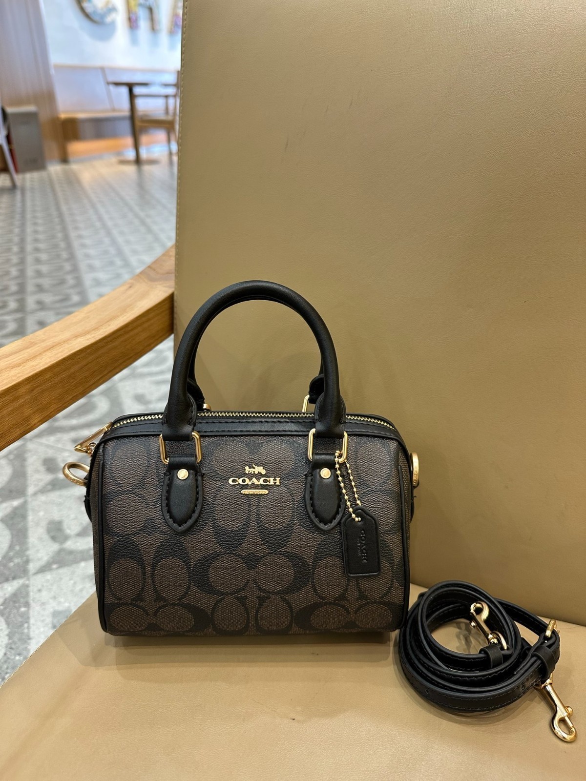 COACH Mini Rowan Crossbody CW329 Signature Canvas Walnut Black Bag Outlet New