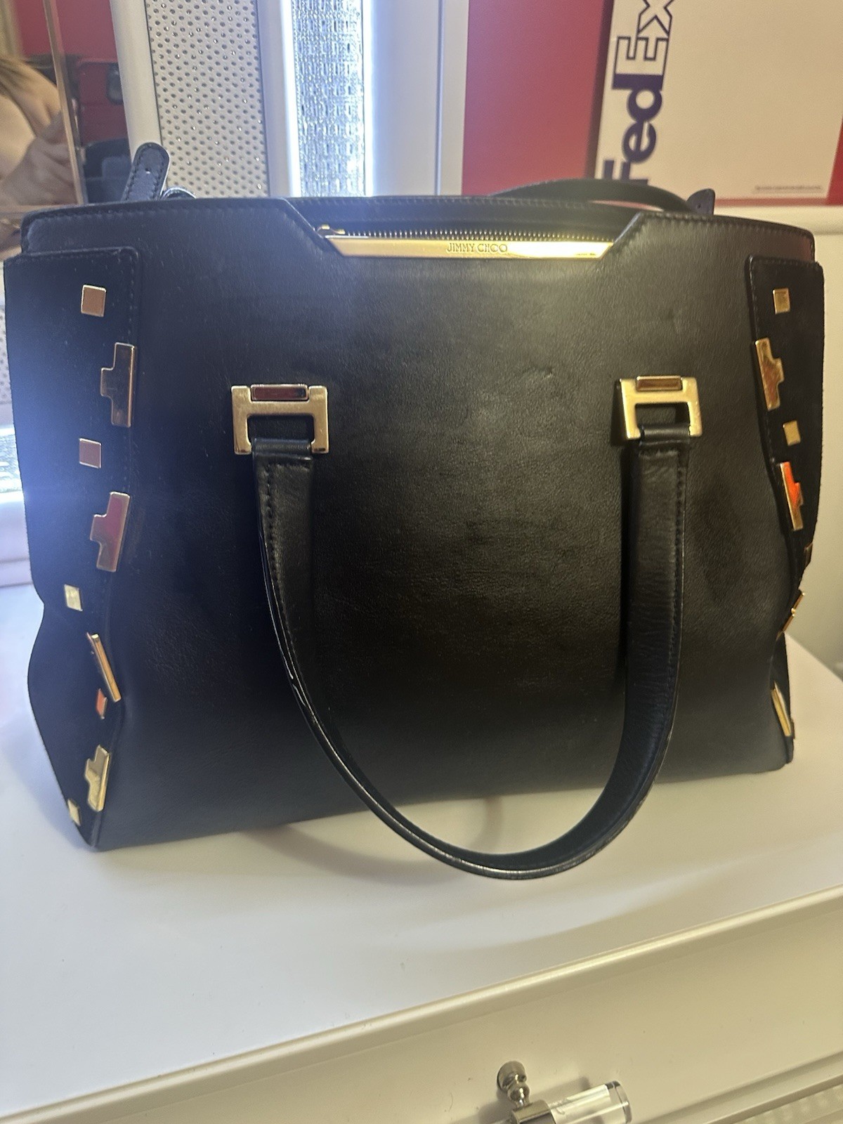 Jimmy Choo Black Studded Satchel Top Handle Zip Double Handles Gold Hardware