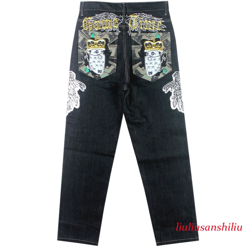 Mens Black Embroidery Jeans Relaxed Fit Loose Hip Hop Streetwear Pants W30-W46