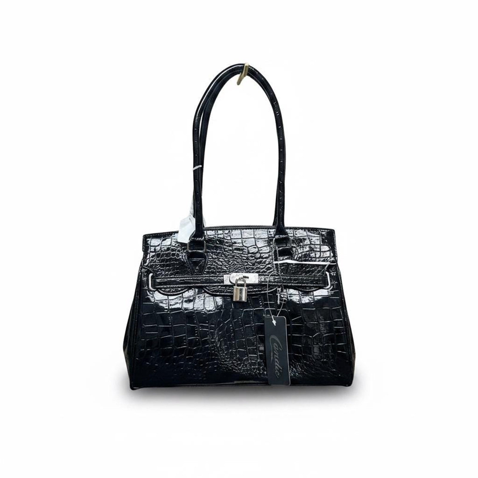 Elegant Black Crocodile-Embossed Handbag 10″ x 13″