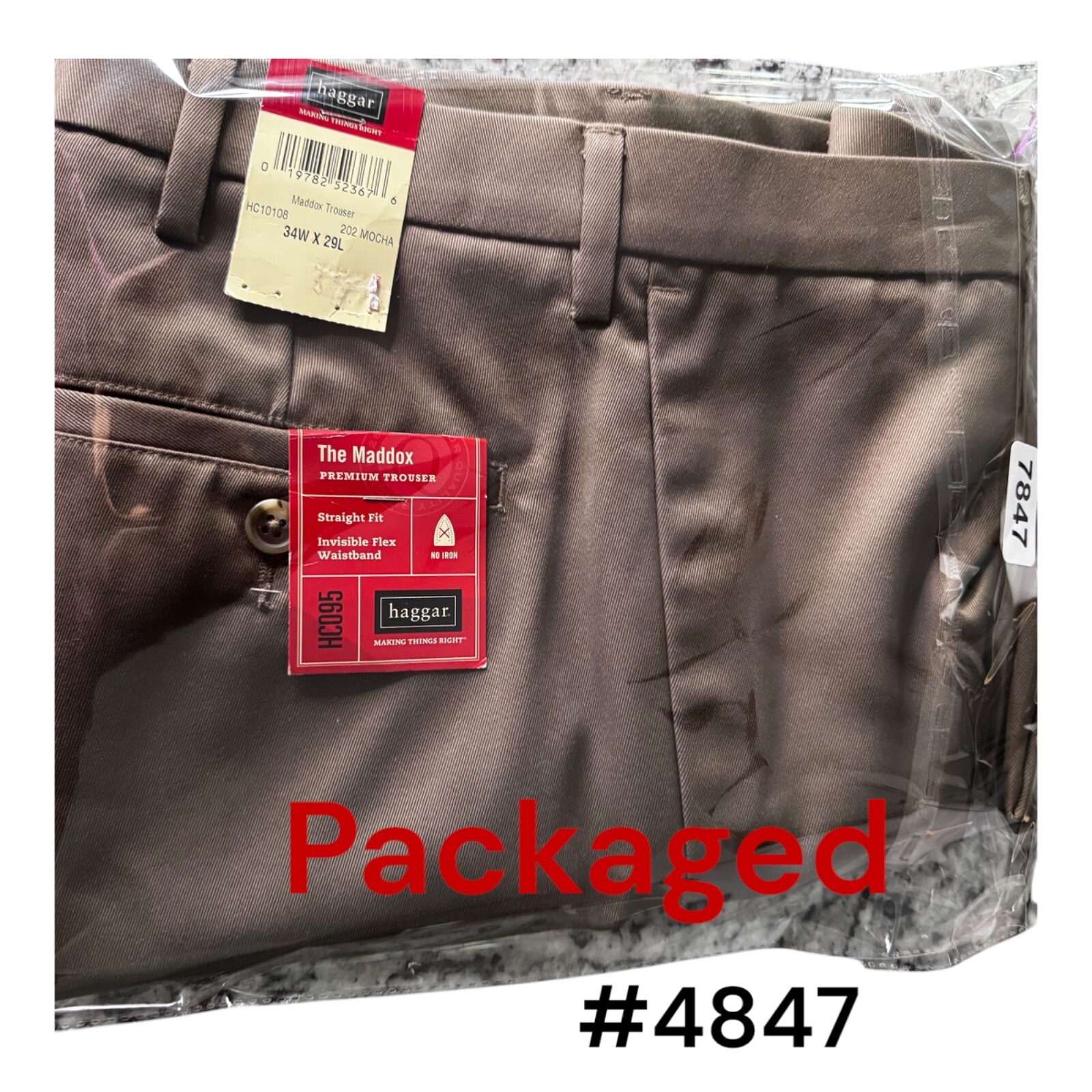 Haggar Maddox Trouser, Mocha, Size 34×29, Straight Fit, Invisible Flex Waistband