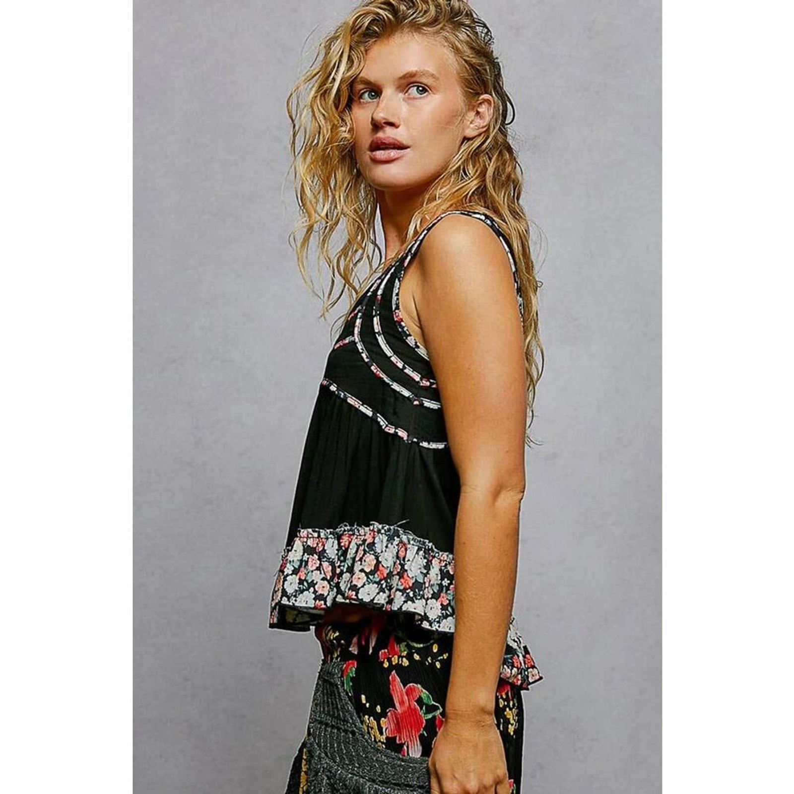 POL Square Neck Jersey Floral Trim Boho Tank Top – Pale Sky